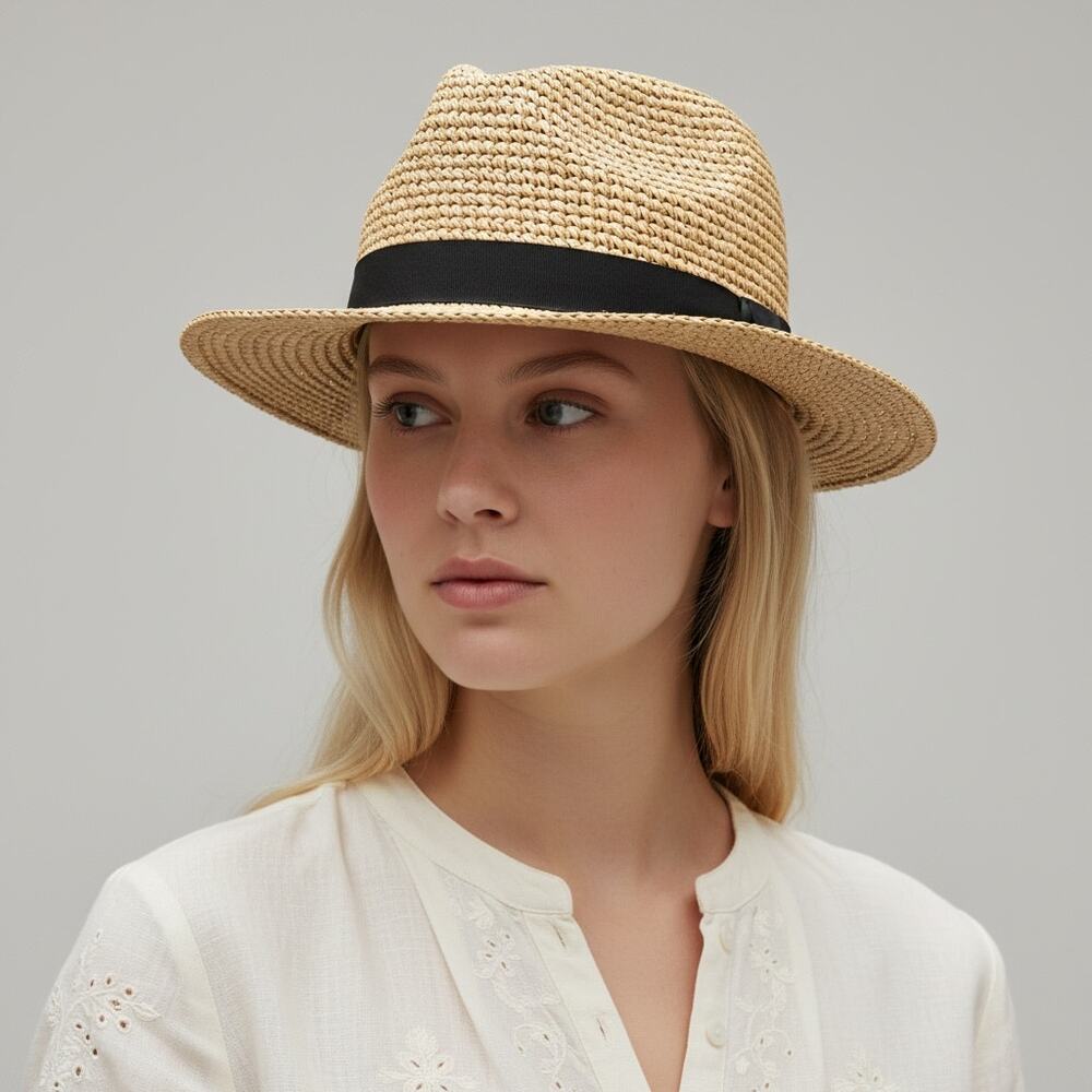 J. Crew The Packable Straw Hat NWT Women's Sz S/M Beige Black Ribbon Coastal